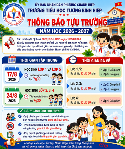 Trường Tiểu học Tương Bình Hiệp thông báo tựu trường năm học 2026 - 2027